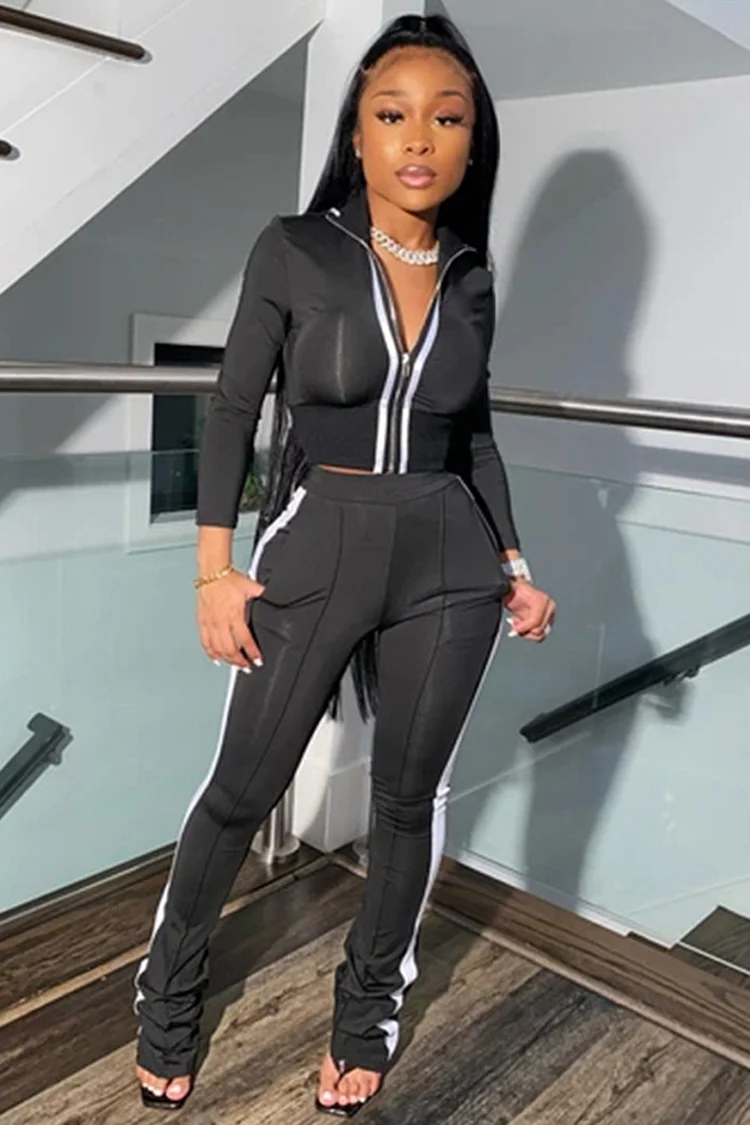 Zip Turndown Collar Long Sleeve Crop Top Pocket Sporty Pants Matching Set