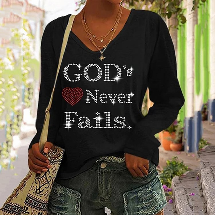 VChics Gods Love Never Fails Print Casual V-Neck Long Sleeve T-Shirt