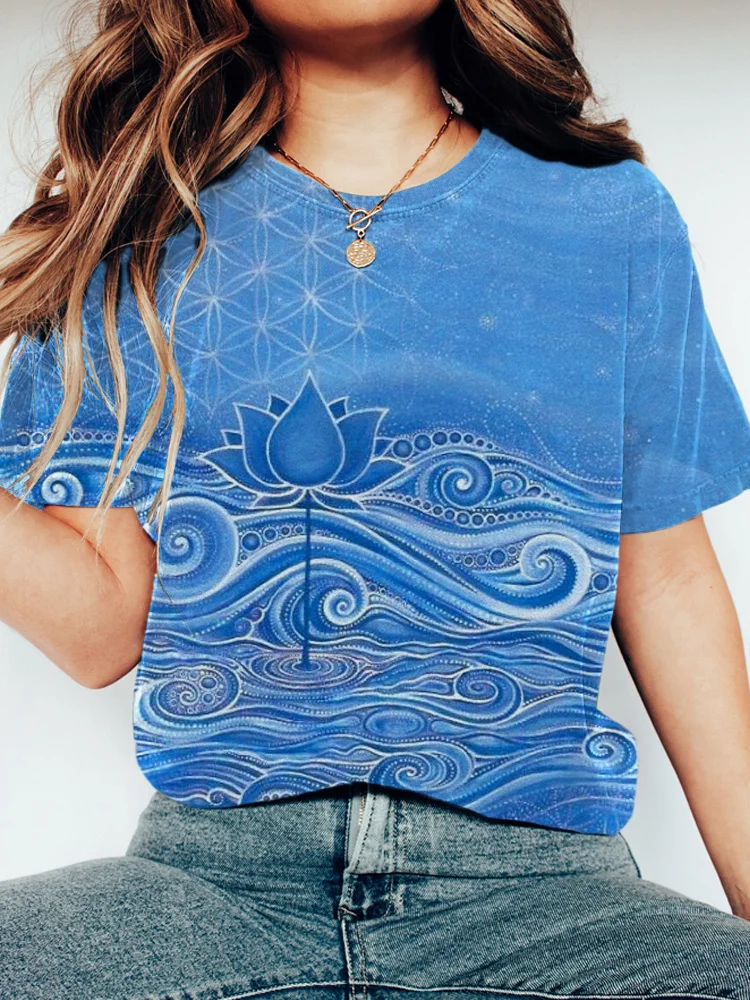 Comstylish Lotus & Wave Japanese Print Short Sleeve T-Shirt