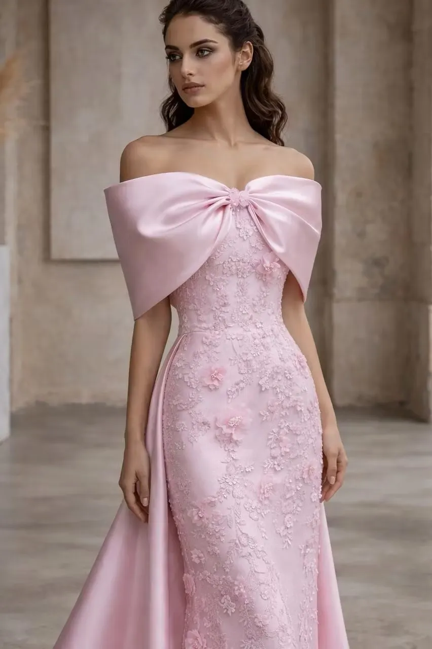 Lussooy Candy Pink Satin Off-the-Shoulder Evening Dress With Applique