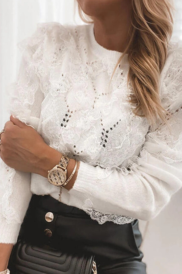 Casual Patchwork Lace Hollowed Out O Neck Tops Sweater - Life is Beautiful for You - SheChoic
