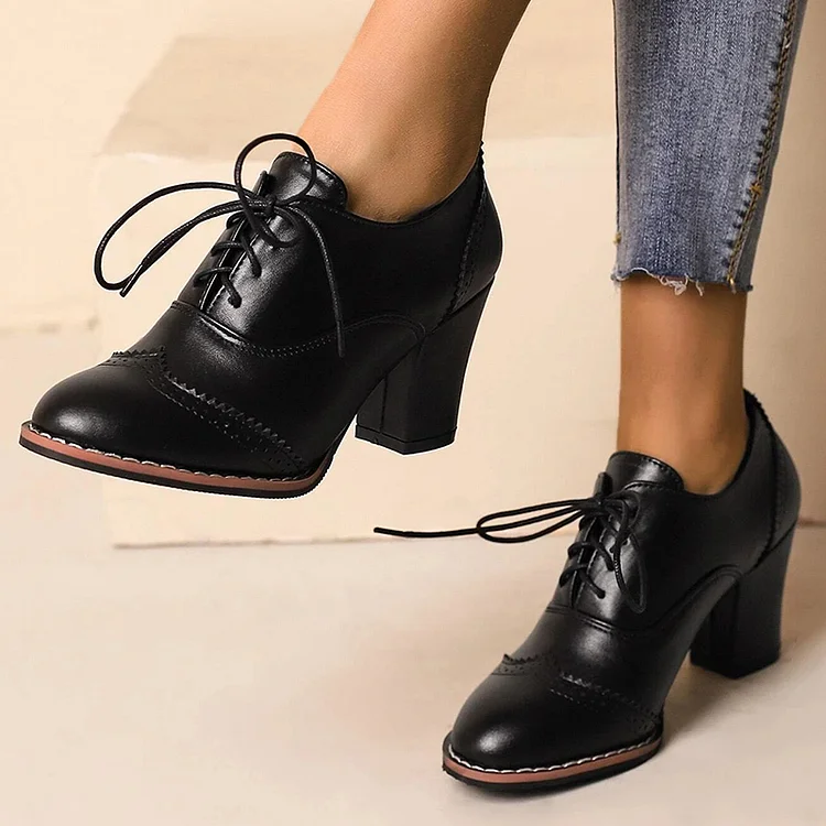 Black Vintage Oxford Heels Lace Up Women's Wingtip Shoes |FSJ Shoes