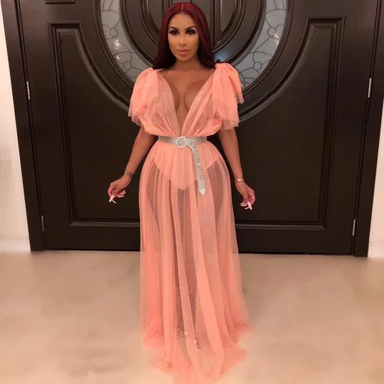 V Neck Flowy Sleeves See Through Cocktail Prom Maxi Tulle Dress