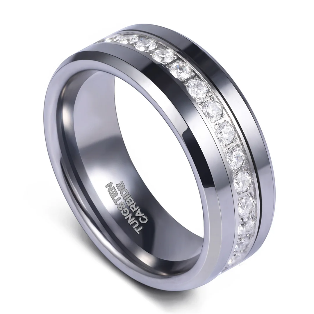 8mm Men's Tungsten Ring Black Silver CZ Inlay Wedding Band Titanium