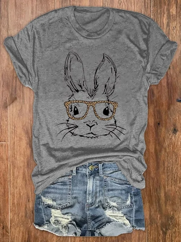 Women's Easter Cute Bunny With Glasses Leopard Print T-Shirt