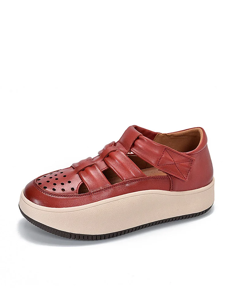 Women Retro Genuine Leather Hollow Out Sandals