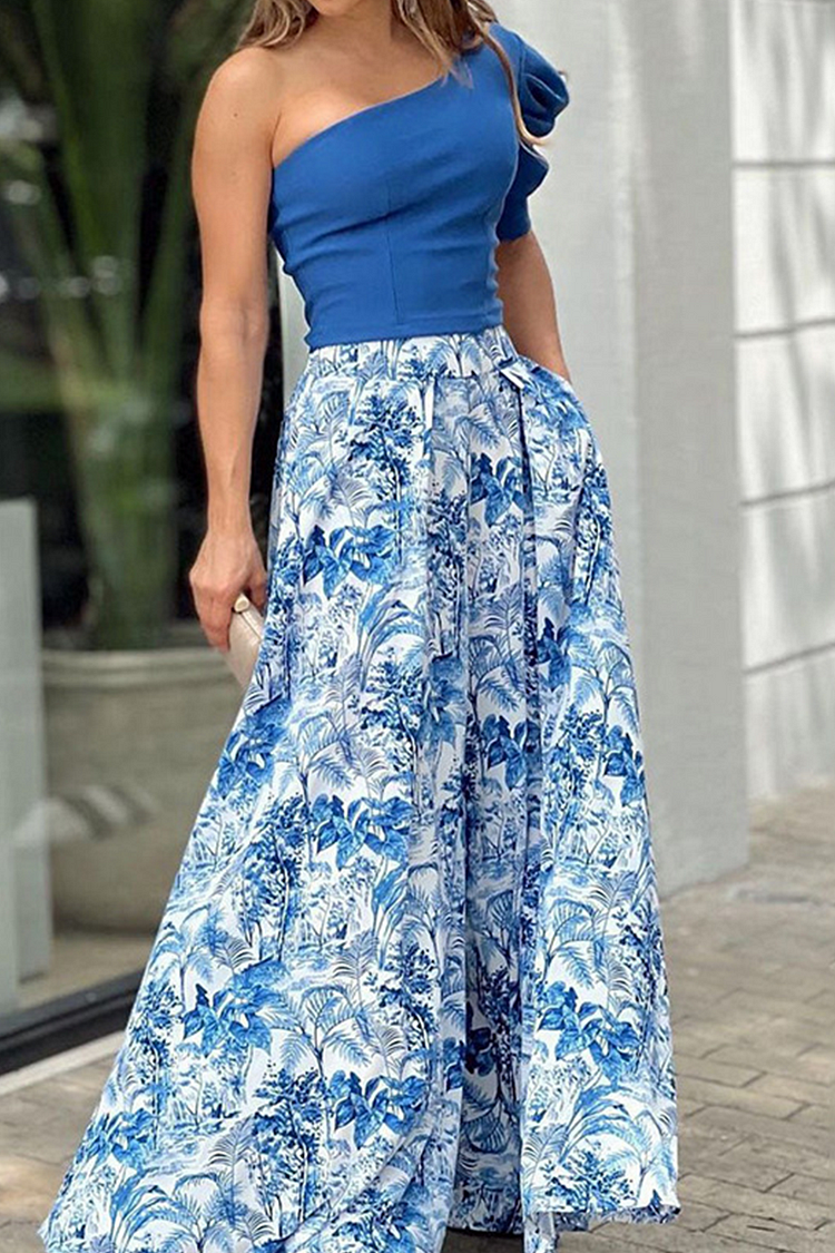 Casual Print One Shoulder Sleeveless Two Pieces - Life is Beautiful for You - SheChoic
