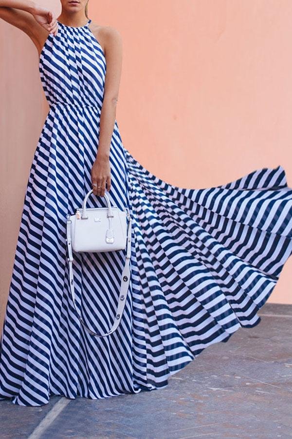 Sexy Sling Striped Print Maxi Dress P14688