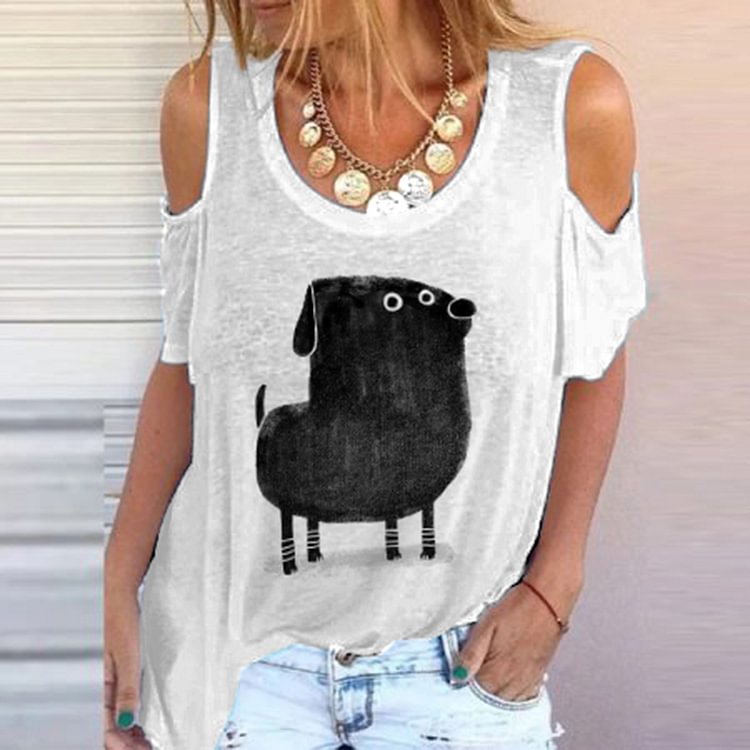 Puppy Print Off-The-Shoulder T-Shirt