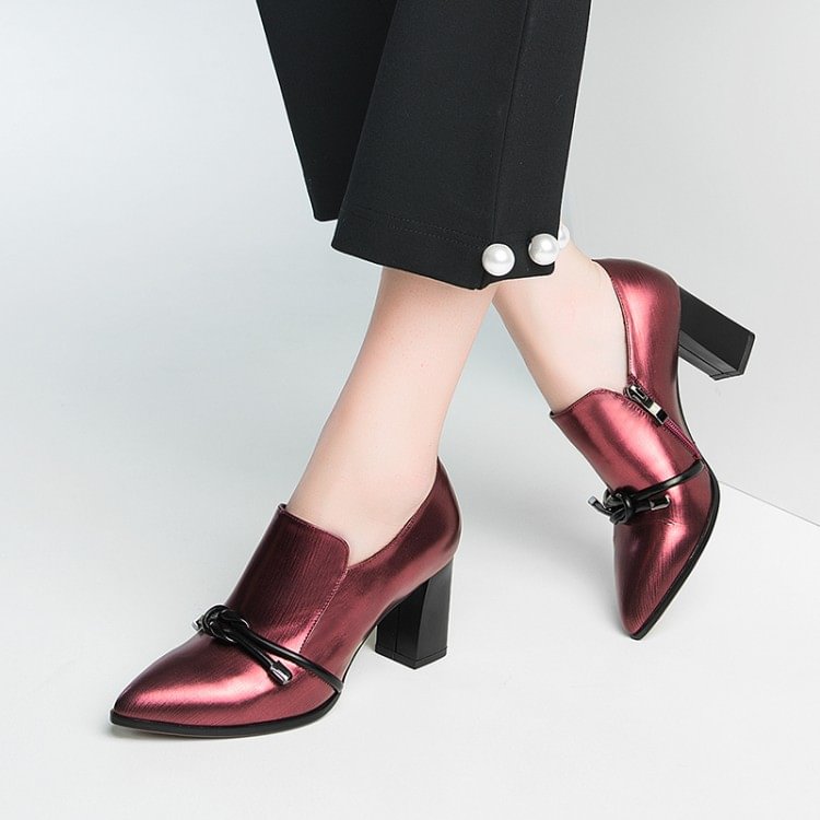 Women's Plum Vintage Heels Pointy Toe Chunky Heels |FSJ Shoes