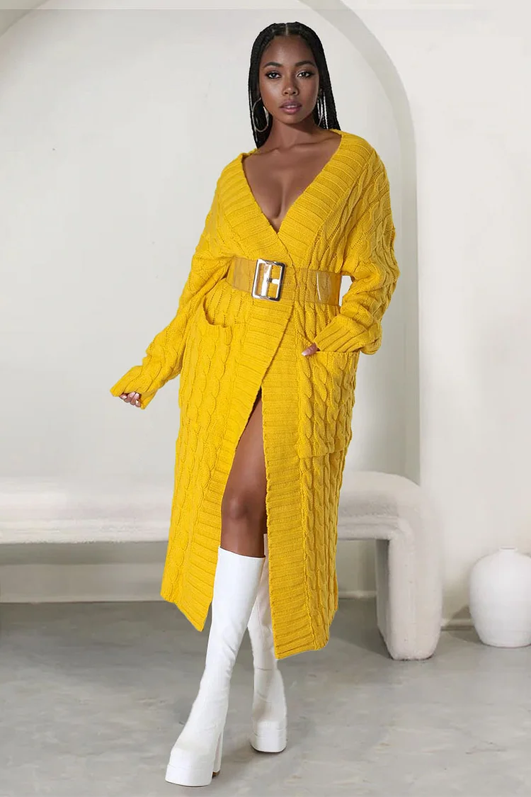 Textured Knit Pocket Front Opened Long Coat