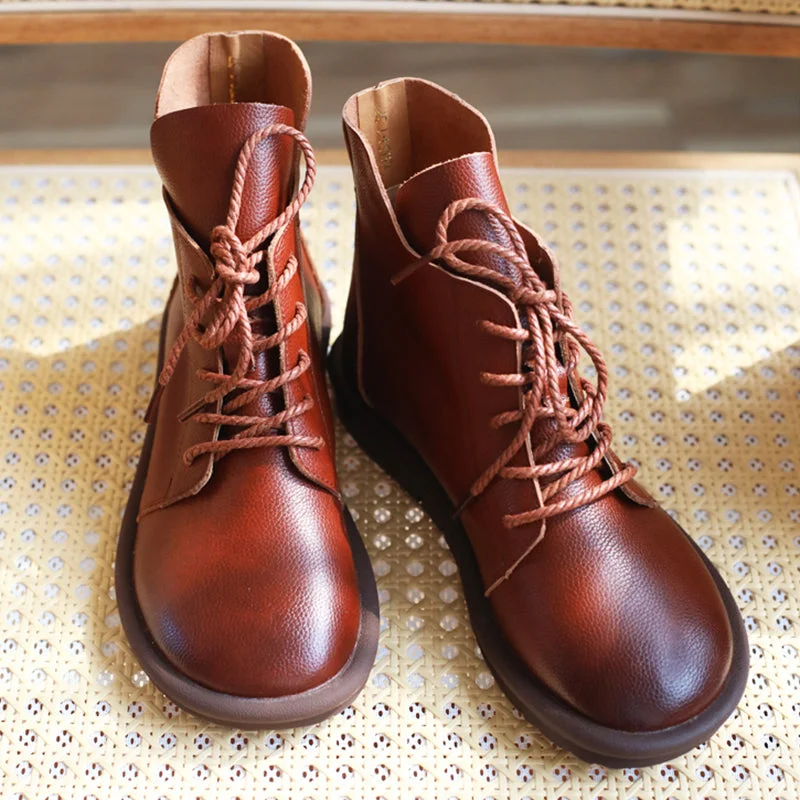 Martin Boots For Women Handmade Lace-Up Round Toe Leather Ankle Booties in Coffee/Brown