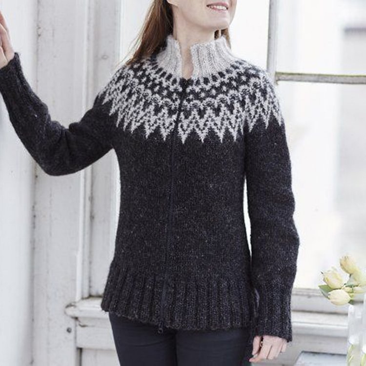 Vefave Iceland Jacquard Vintage Zip Turtleneck Cardigan