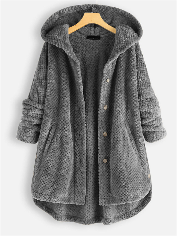 Women's Plus Size Teddy Coat Winter Coat Button Pocket Plain Outdoor Causal Long Sleeve Hoodie Regular Winter Fall Black Blue Khaki XL XXL 3XL 4XL 5XL
