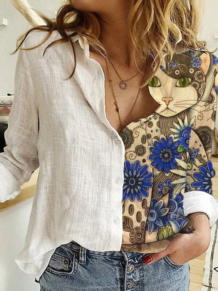 Cartoon Cat Printed Patchwork Turn down Collar Long Sleeve Blouse P1721473