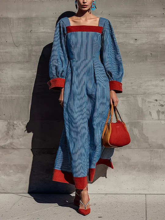 Women's Long Sleeve Contrast Trim Striped Blue Maxi Dress MD