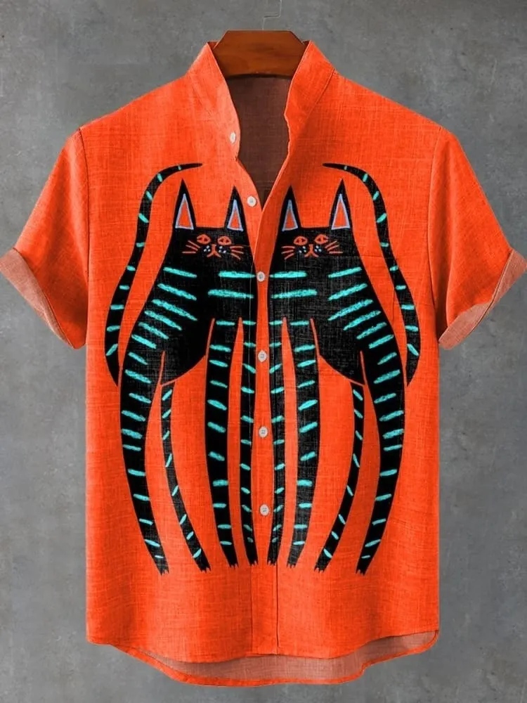 Vintage Cat Abstract Art Print Casual Shirt 