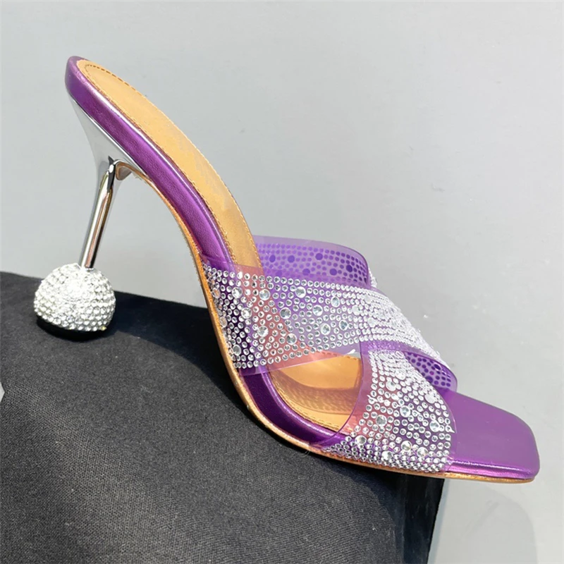 TAAFO Cross PVC Transparent Sandals Women Jeweled Crystal Strange Heel Slingbacks Diamond Rhinestone Mules 
