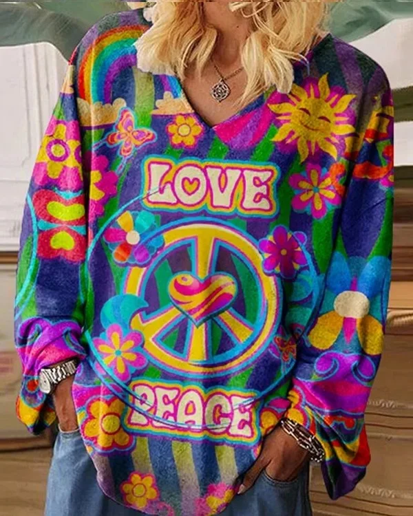 Hippie Love And Peace Print Casual T-Shirt