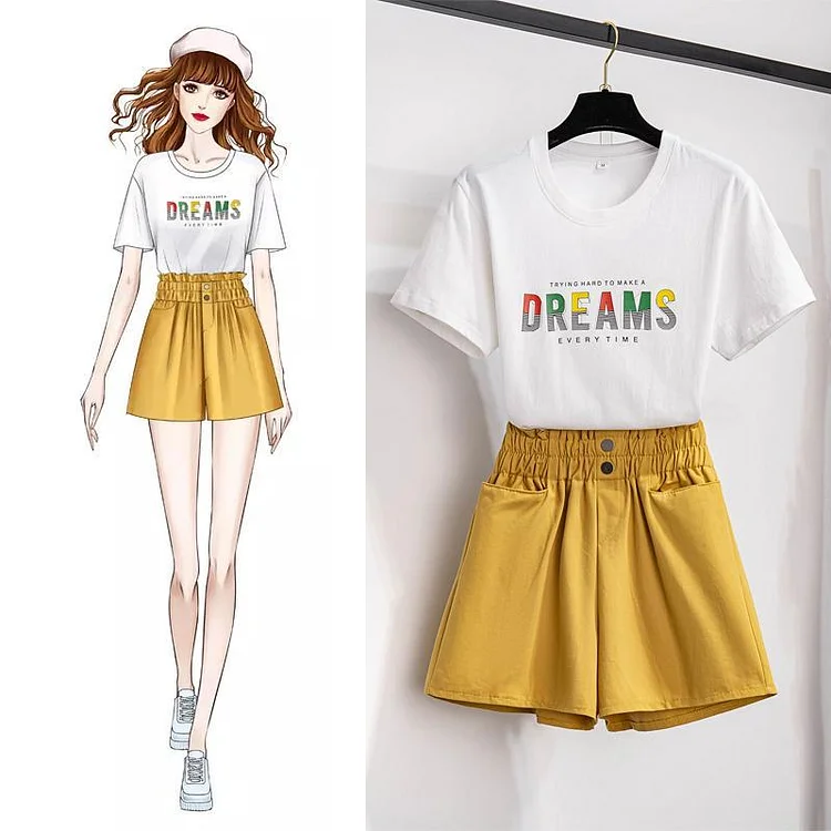 Letter Print Tee+Loose Shorts P13246