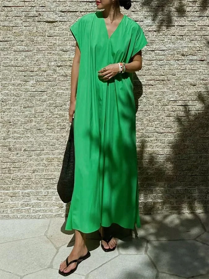 Women's Cotton And Linen V-Neck Solid Color Dress