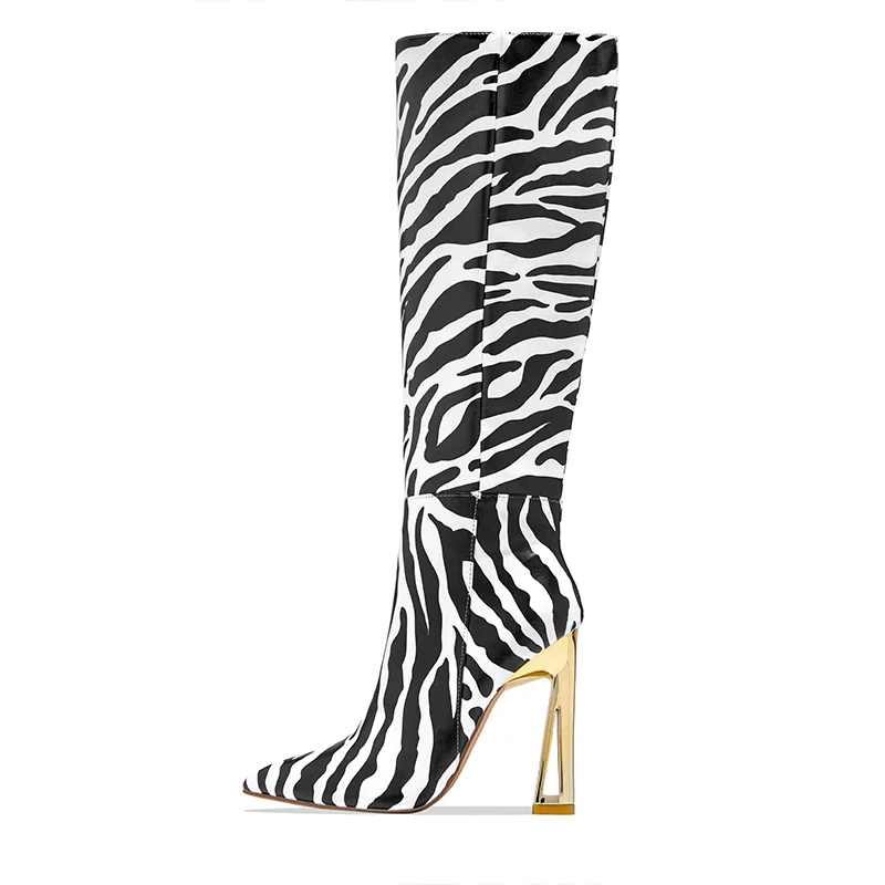 Black & White Zebra Print Knee High Boots with Gold Decorative Heel Nicepairs