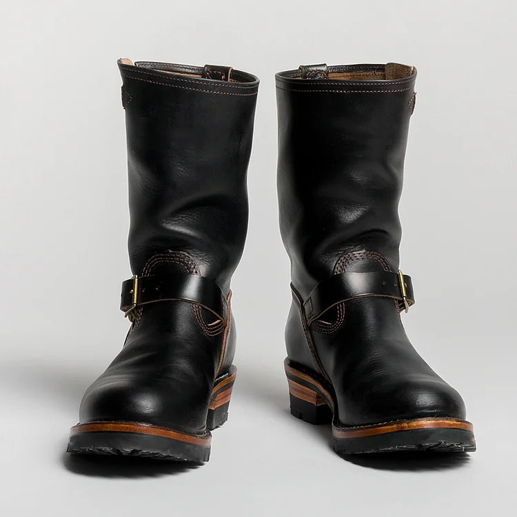 TIMSMEN 1930's Vintage Triple Stitched Black Horsehide Brass Buckle Boots