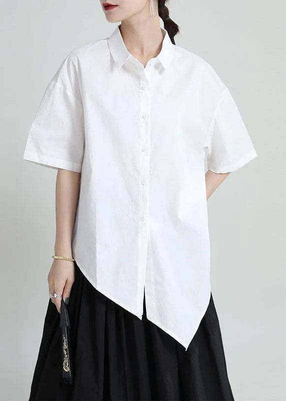Modern White Patchwork Asymmetrical Design Summer Cotton Blouses Half Sleeve