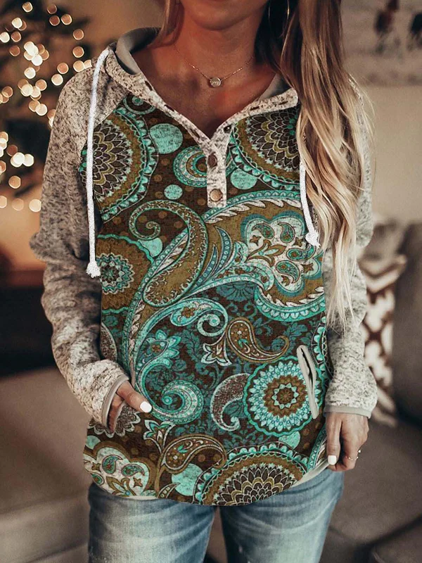 Vefave Western Paisley Patchwork Button Up Hoodie