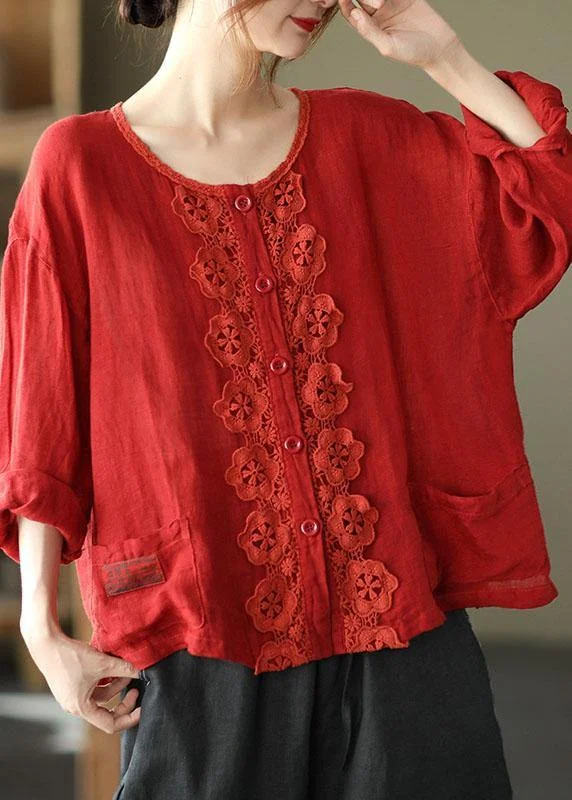 Modern Red Hollow Out Embroidered Pockets Fall Long Sleeve Shirt Tops