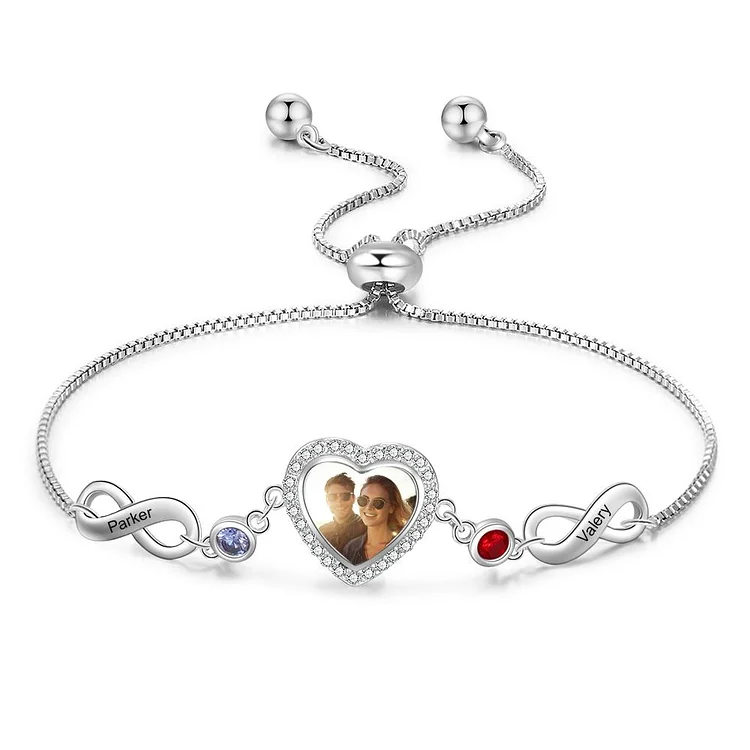 Infinity Love Heart Photo Bracelet with 2 Birthstone 2  Names Personalized Gift