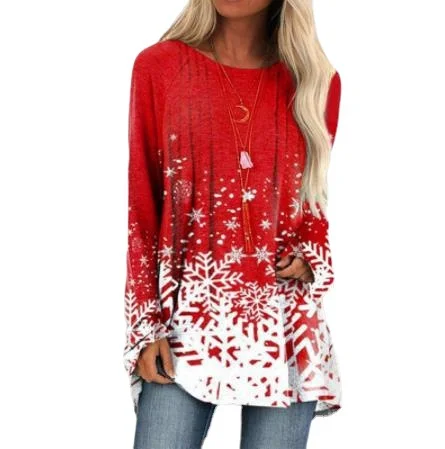 2021 Christmas Snowflake Round Neck Print Dress Pullover Long-sleeved T-shirt