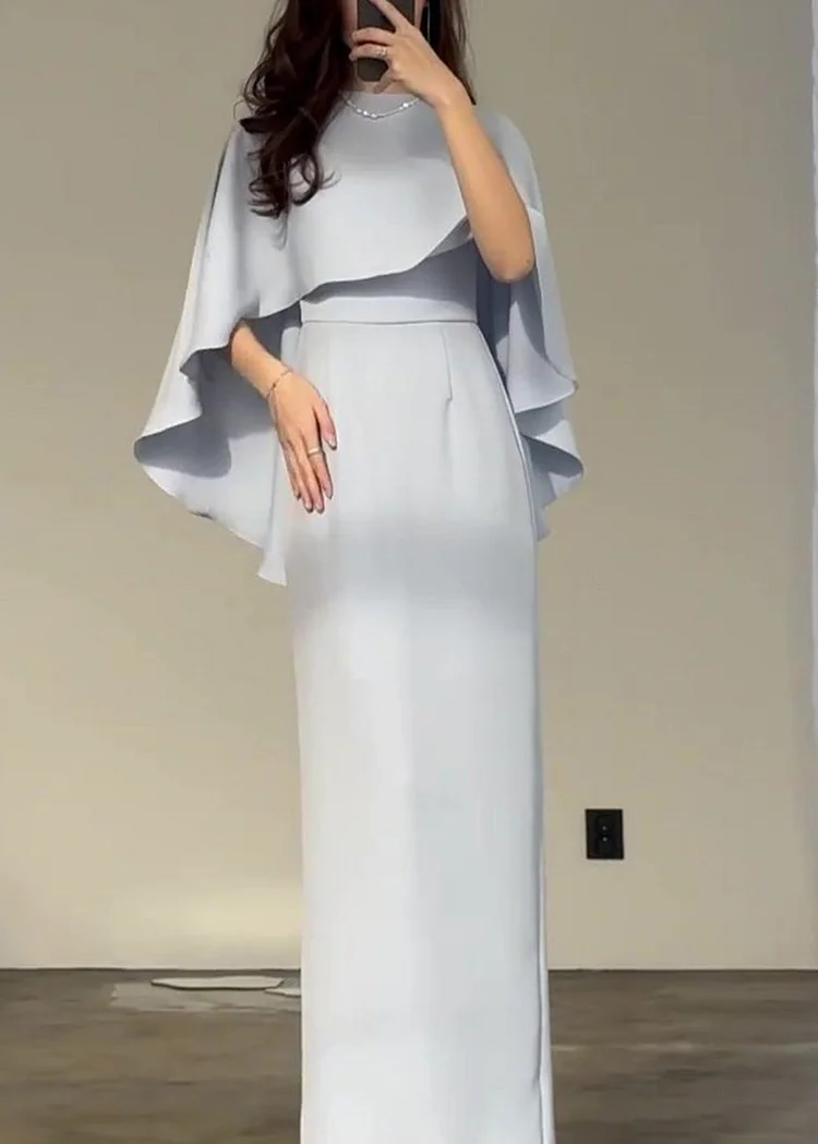 Slim Fit Light Blue Silk Shawl Waist Cinched Dress Summer