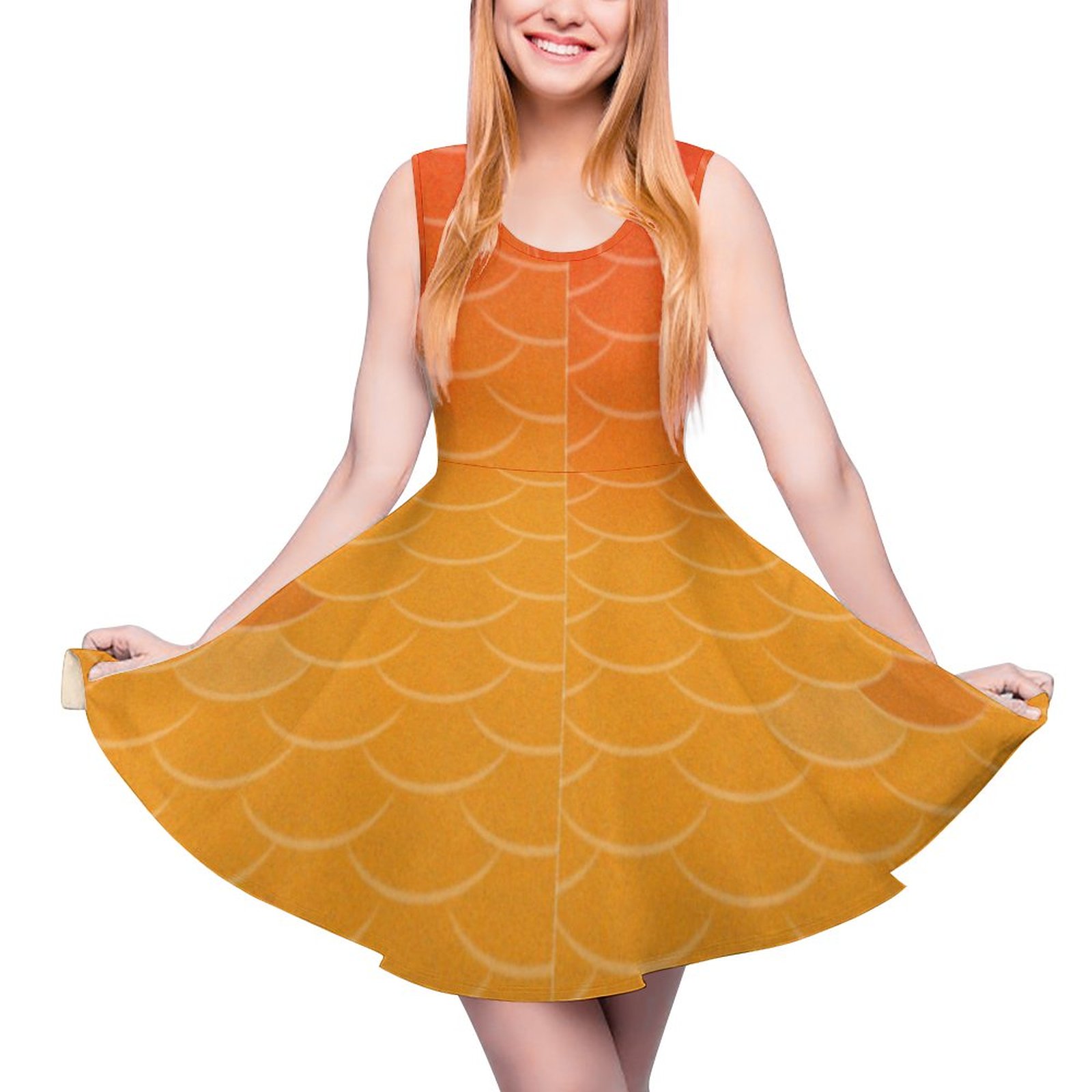 Sunset Fade Round Scale Mermaid Scale Casual Flared Tank Dress, Sleeveless Mini Skater Dresses Sunset Pattern-5XL