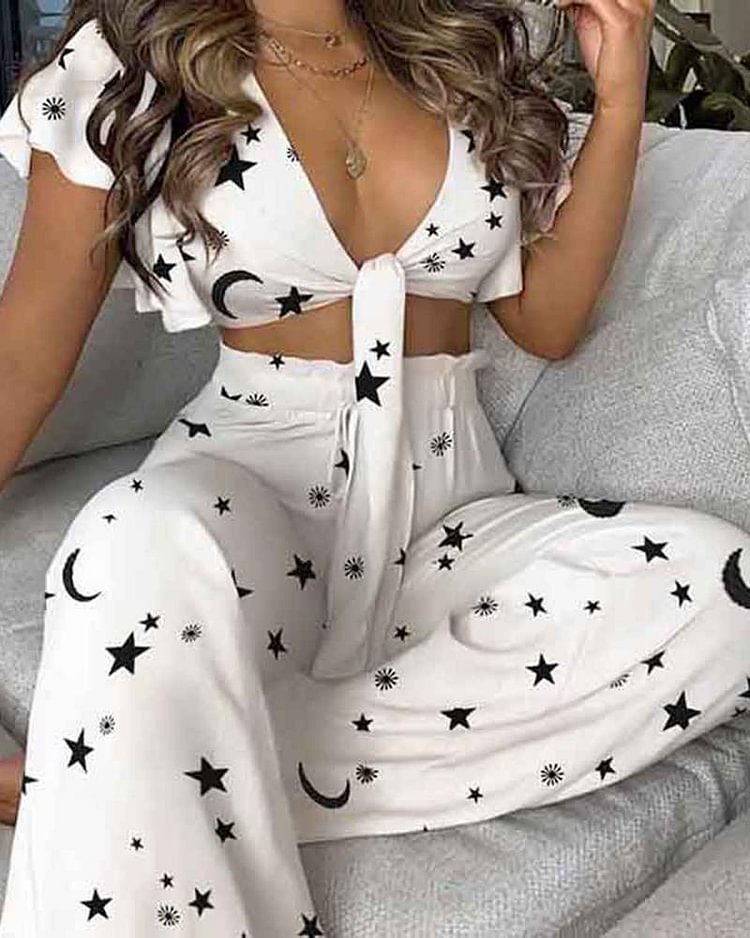 Allover Print Ruffle Trim Tie Front Drawstring Waist Top & Pants Set - Shop Trendy Women's Clothing | LoverChic