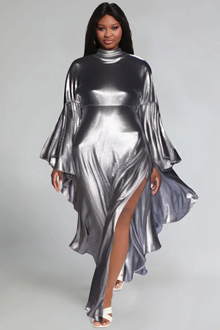 Plus Size Cocktail Party Maxi Dresses Elegant Silver High Collar Petal Sleeve Long Sleeve Flounce Glitter Fabric Maxi Dresses [Pre-Order]