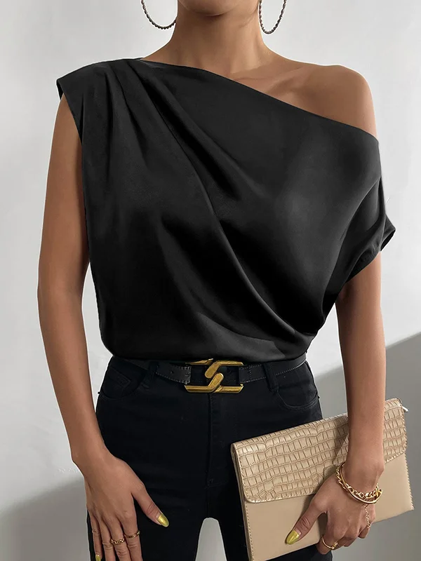 Loose Asymmetric Solid Color One-Shoulder Blouses&Shirts Tops