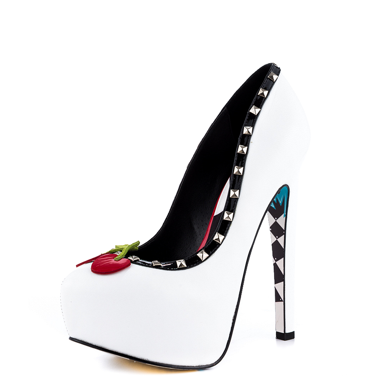 Women's White Rivets Floral Print Stiletto Heels Pumps Platform Heels |FSJ Shoes