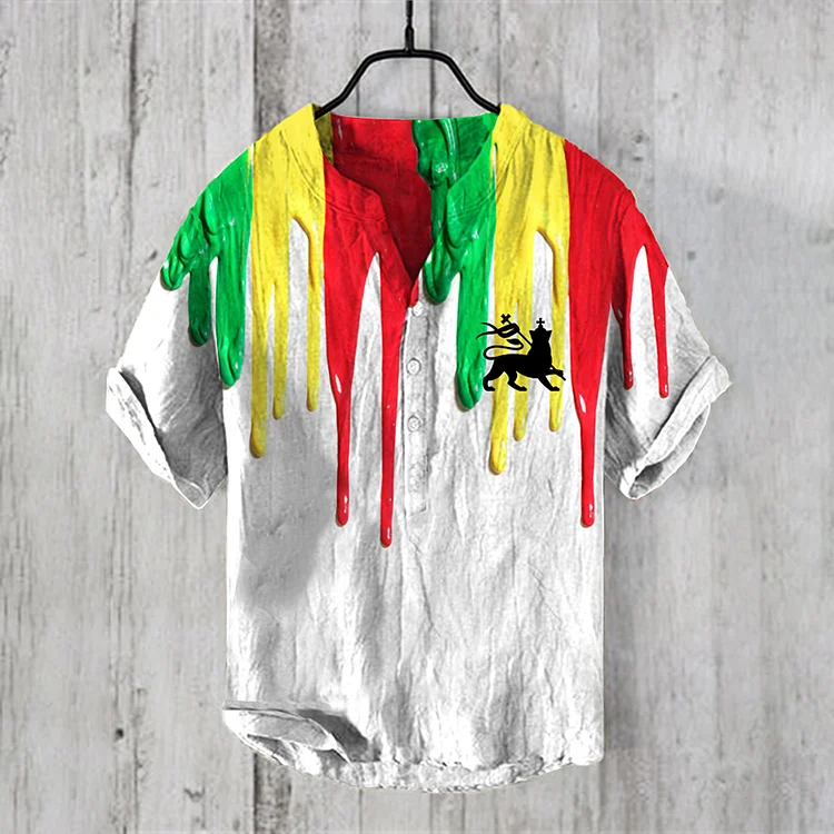 Comstylish Men's Lion Reggae Pigment Art  Linen Blend Shirt