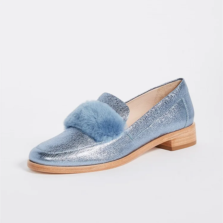Blue Square Toe Velvet Block Heel Loafers for Women |FSJ Shoes