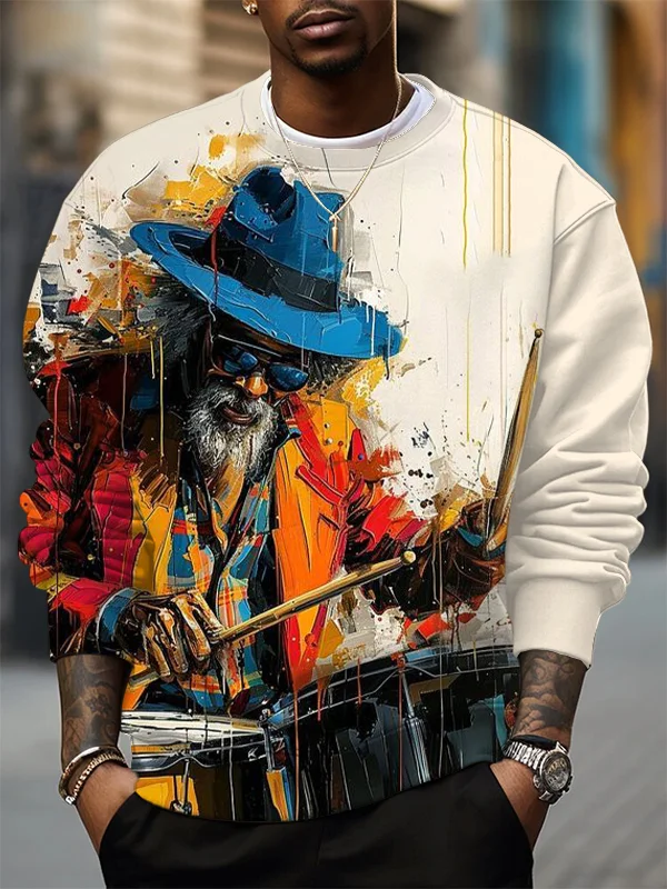Men's Black Drummer Oil Painting Print Casual Sweatshirt