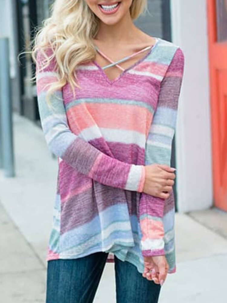 Contrast Color Long Sleeve Cross Front T shirt For Women P1739388
