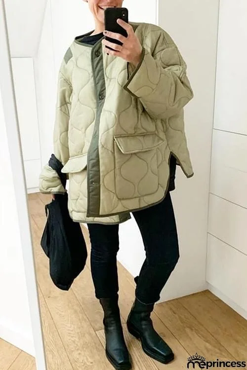 Quilted Pockets O Neck Jacket