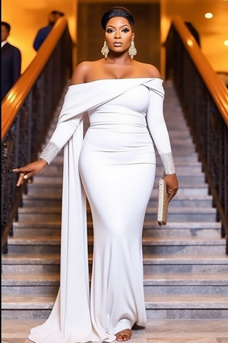 Plus Size Evening Gowns Maxi Dresses Elegant White Spring Summer Off The Shoulder Long Sleeve Maxi Dresses [Pre-Order]
