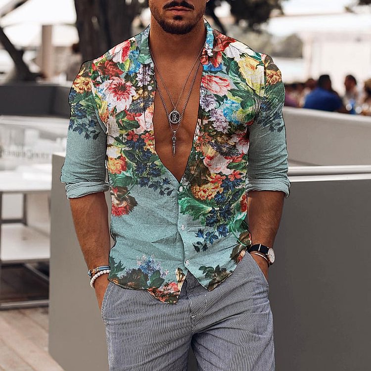 Mens Holiday Floral Print Casual Shirt