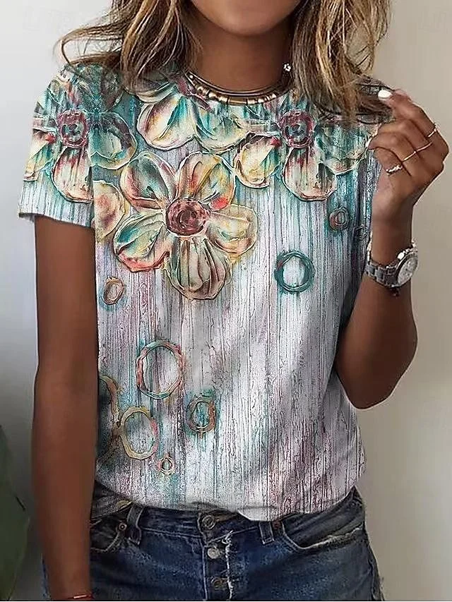 Women's Floral Print Yellow Fashionable Round Neck Women's T-Shirt socialshop