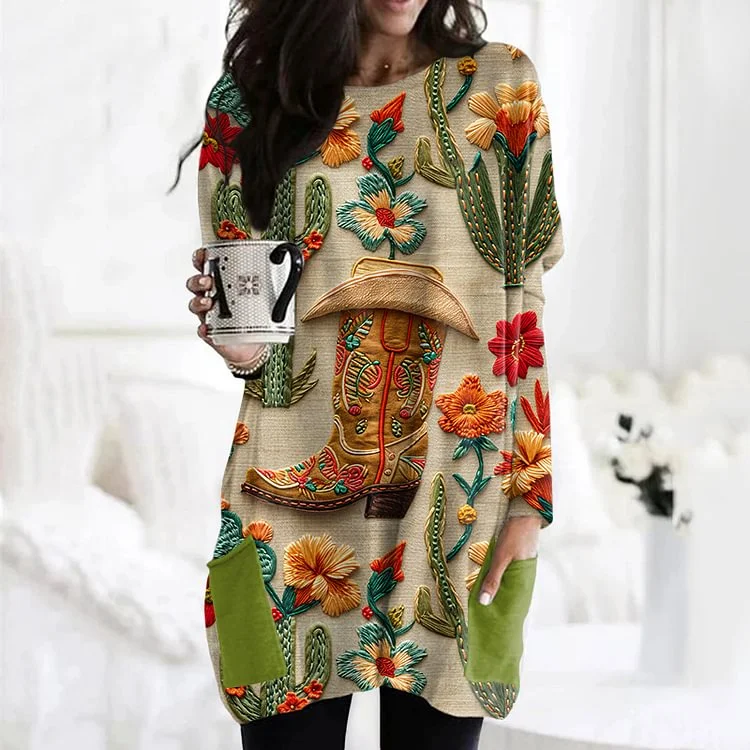 Western Vintage Boots And Floral Cozy Casual Dress