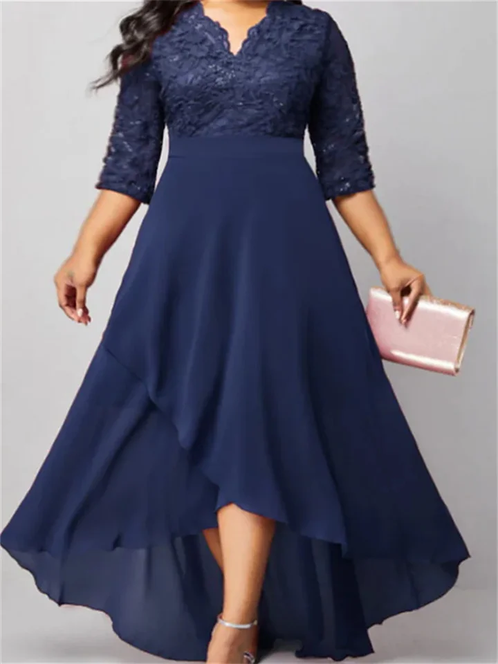 Women's Plus Size Holiday Dress Solid Color V Neck Layered 3/4 Length Sleeve Spring Fall Formal Midi Dress Party Date Dress-Cosfine