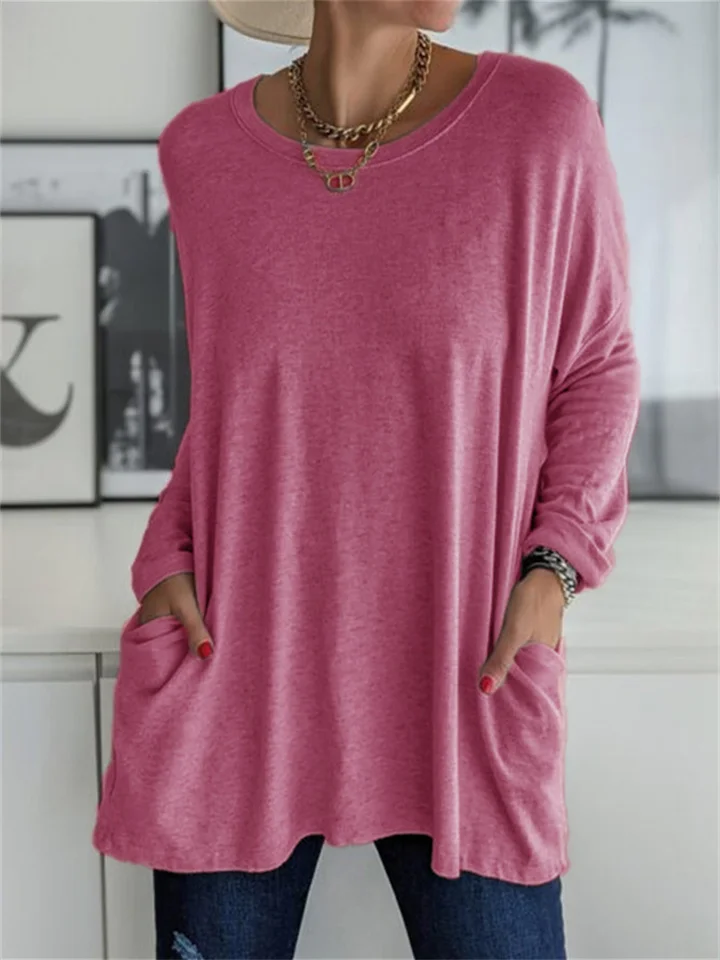 Women's Spring and Summer Solid Color New American Round Neck Long Sleeve Loose Pocket Solid Color T-shirt Casual Women's S,M,L,XL,XXL,3XL,4XL,5XL-JRSEE