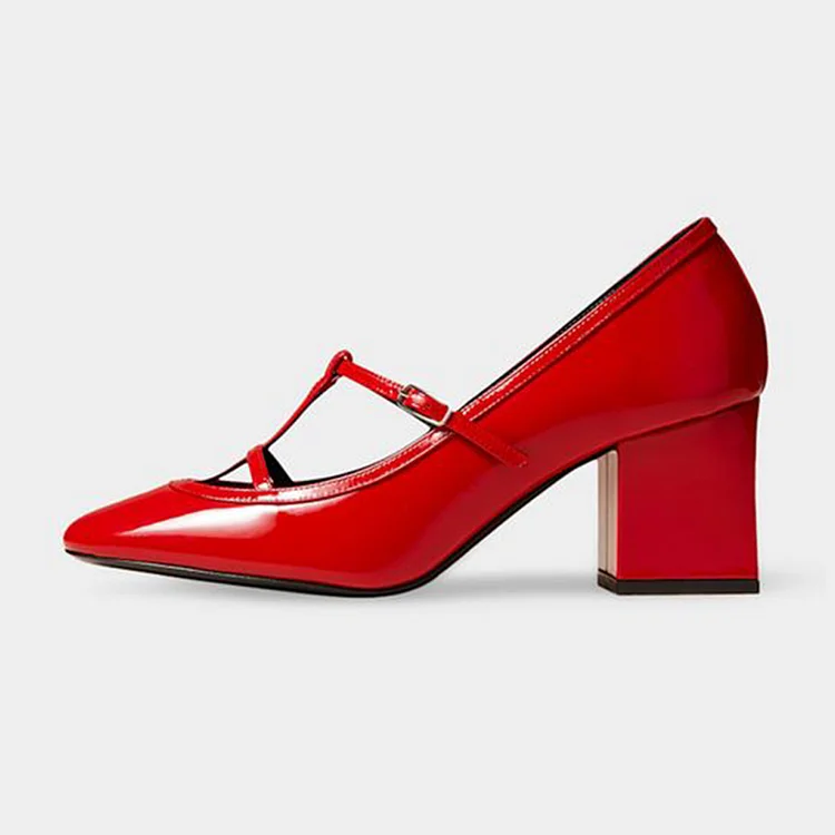 Classic Red Patent Block Heels Women'S Round Toe Shoes Office T-Strap Pumps |FSJ Shoes